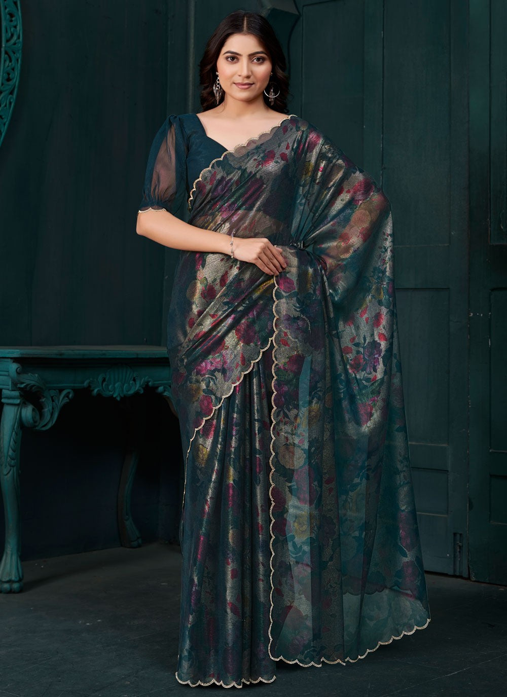 Cut Work Silk Morpeach Contemporary Saree S15131