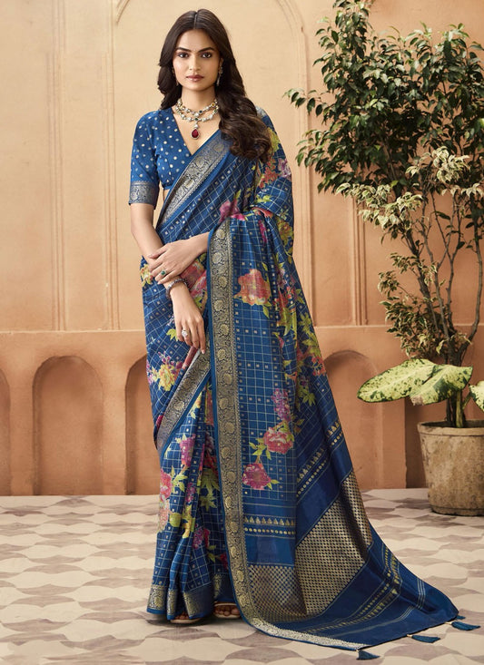 Blue Silk Contemporary Saree Printed, Weaving Zari S16296
