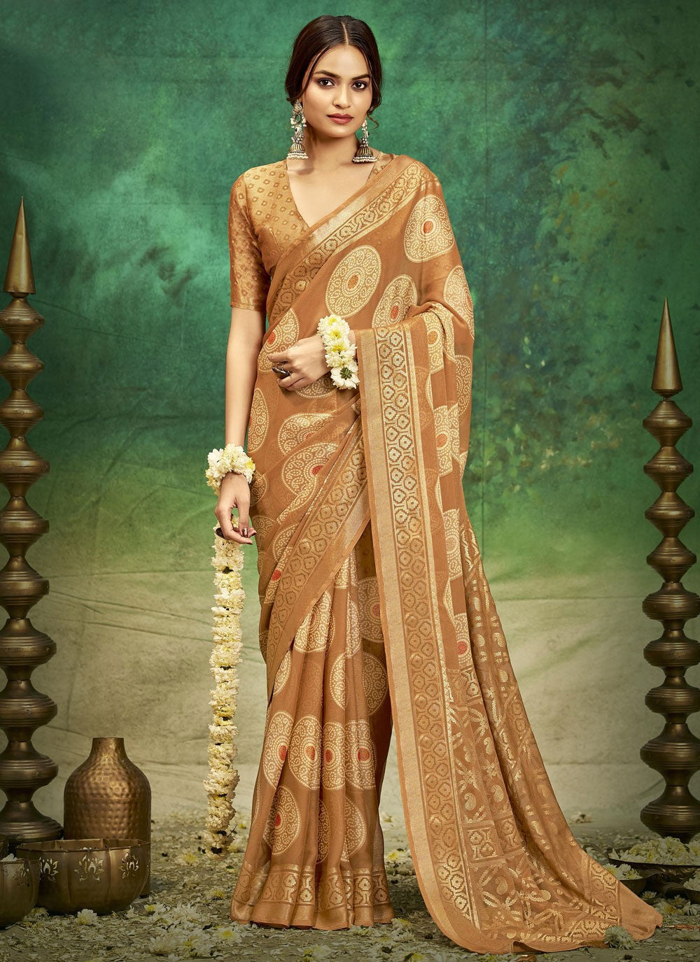 Brown Silk Contemporary Saree Jacquard Work, Printed S17387