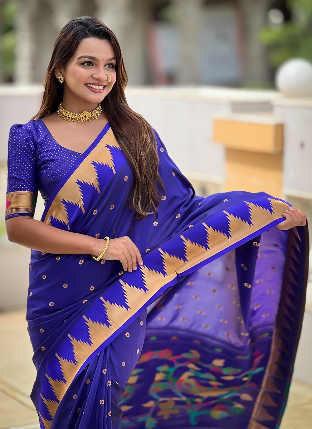 Blue Silk Contemporary Saree Jacquard Work, Meenakari S18364
