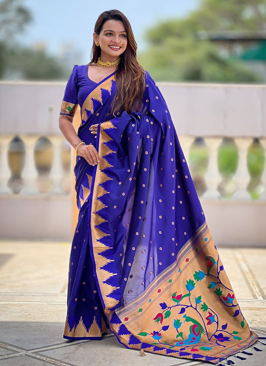 Blue Silk Contemporary Saree Jacquard Work, Meenakari S18364