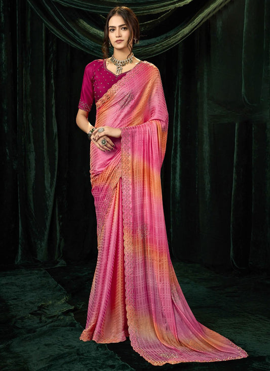 Magenta Silk Contemporary Saree Beads, Border Work, Thread S19300