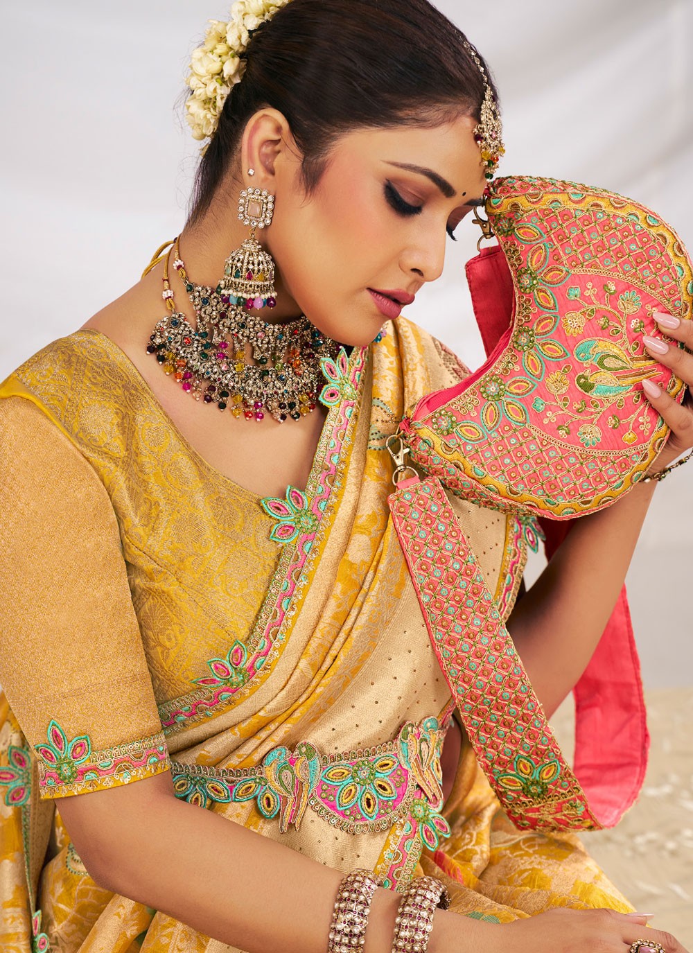 Yellow Silk Contemporary Saree Fancy Work S19610