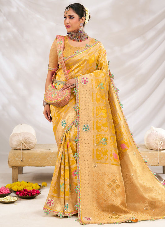Yellow Silk Contemporary Saree Fancy Work S19610