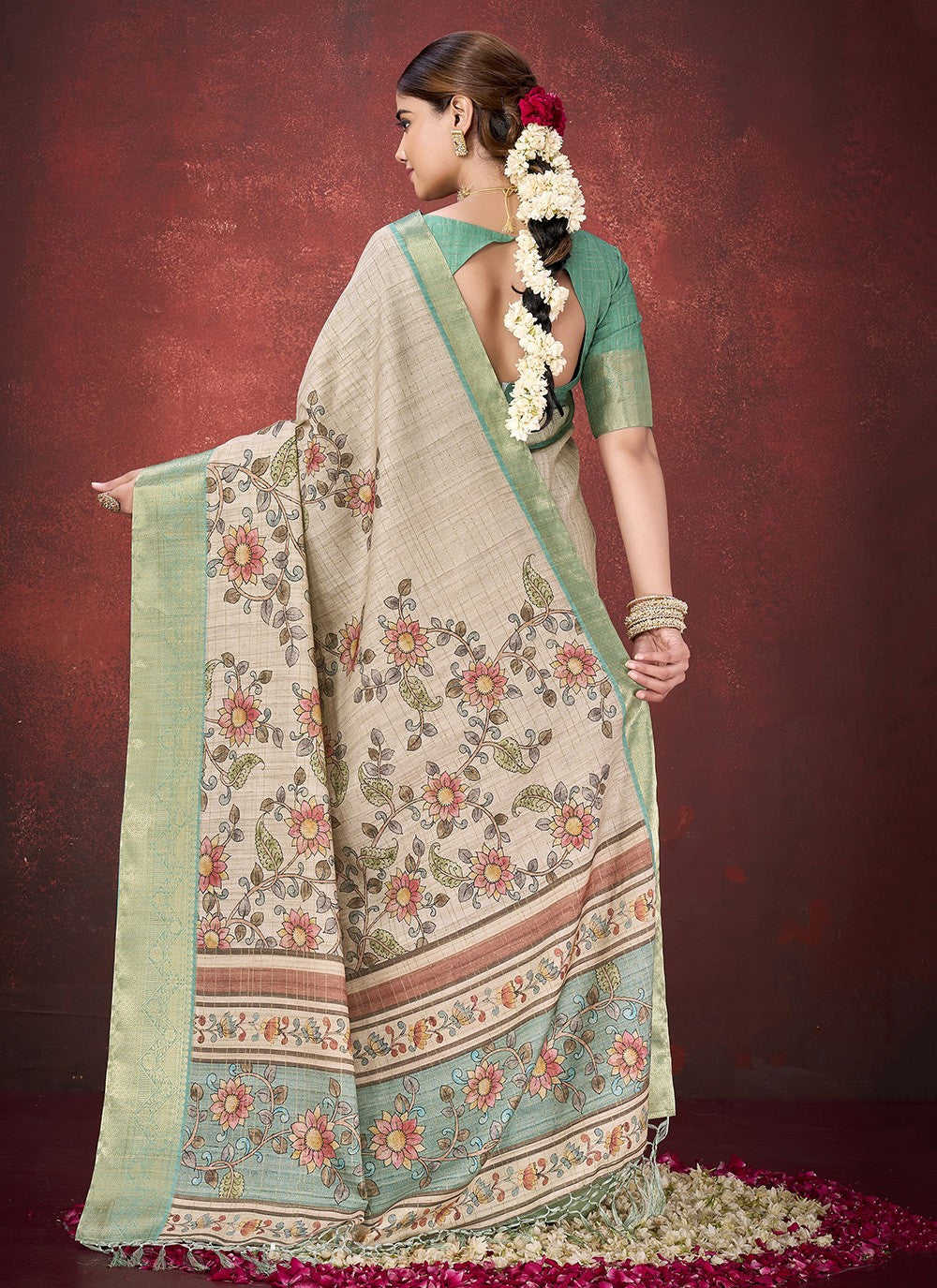Beige Silk Contemporary Saree Jacquard Work, Printed S19633