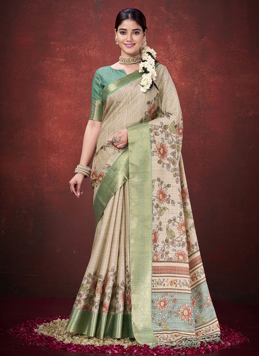 Beige Silk Contemporary Saree Jacquard Work, Printed S19633