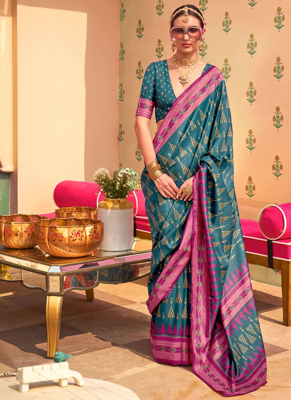 Contemporary Printed Blue Silk Saree S12418