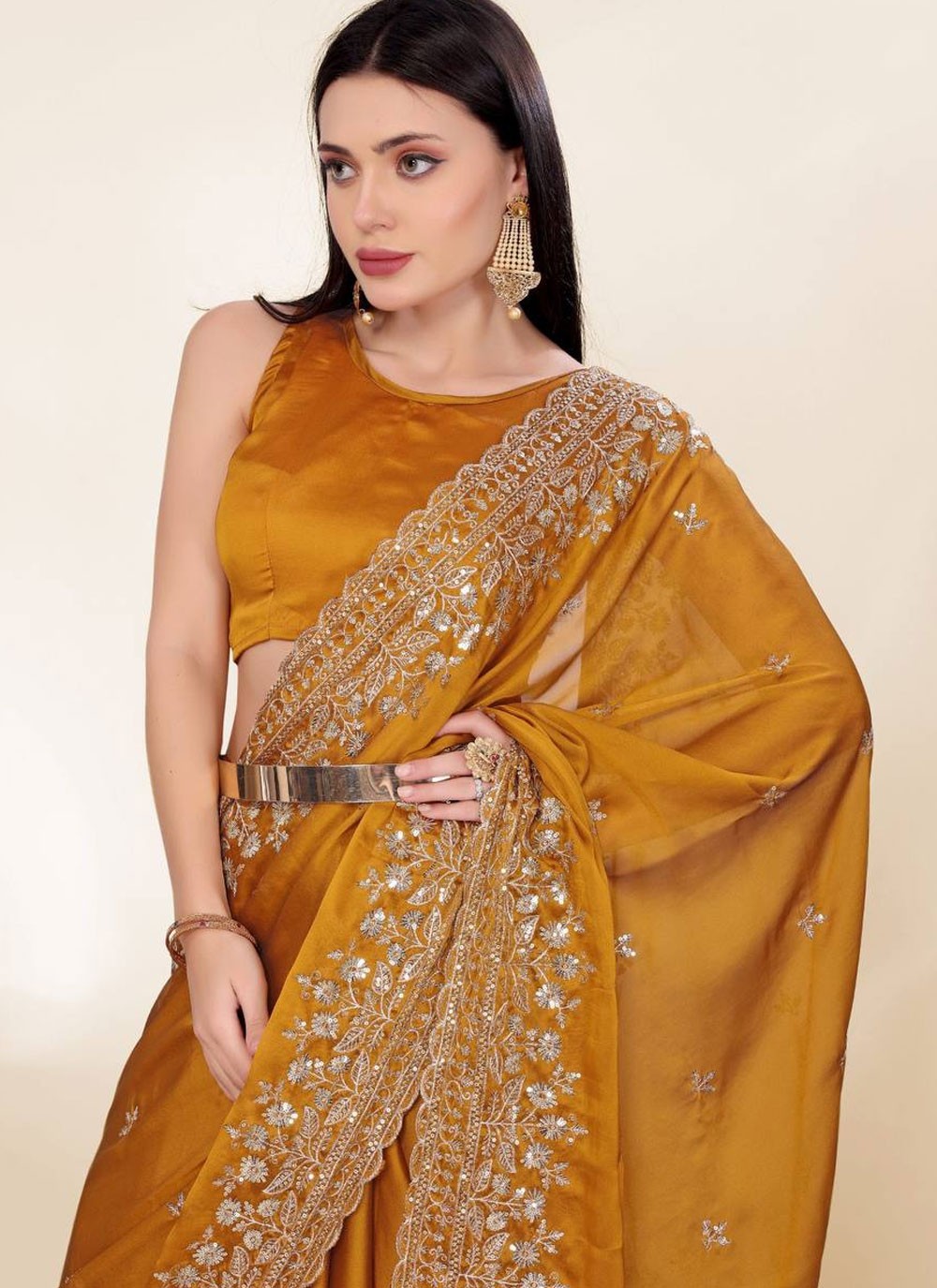 Contemporary Embroidered Mustard Chinon Saree S13672