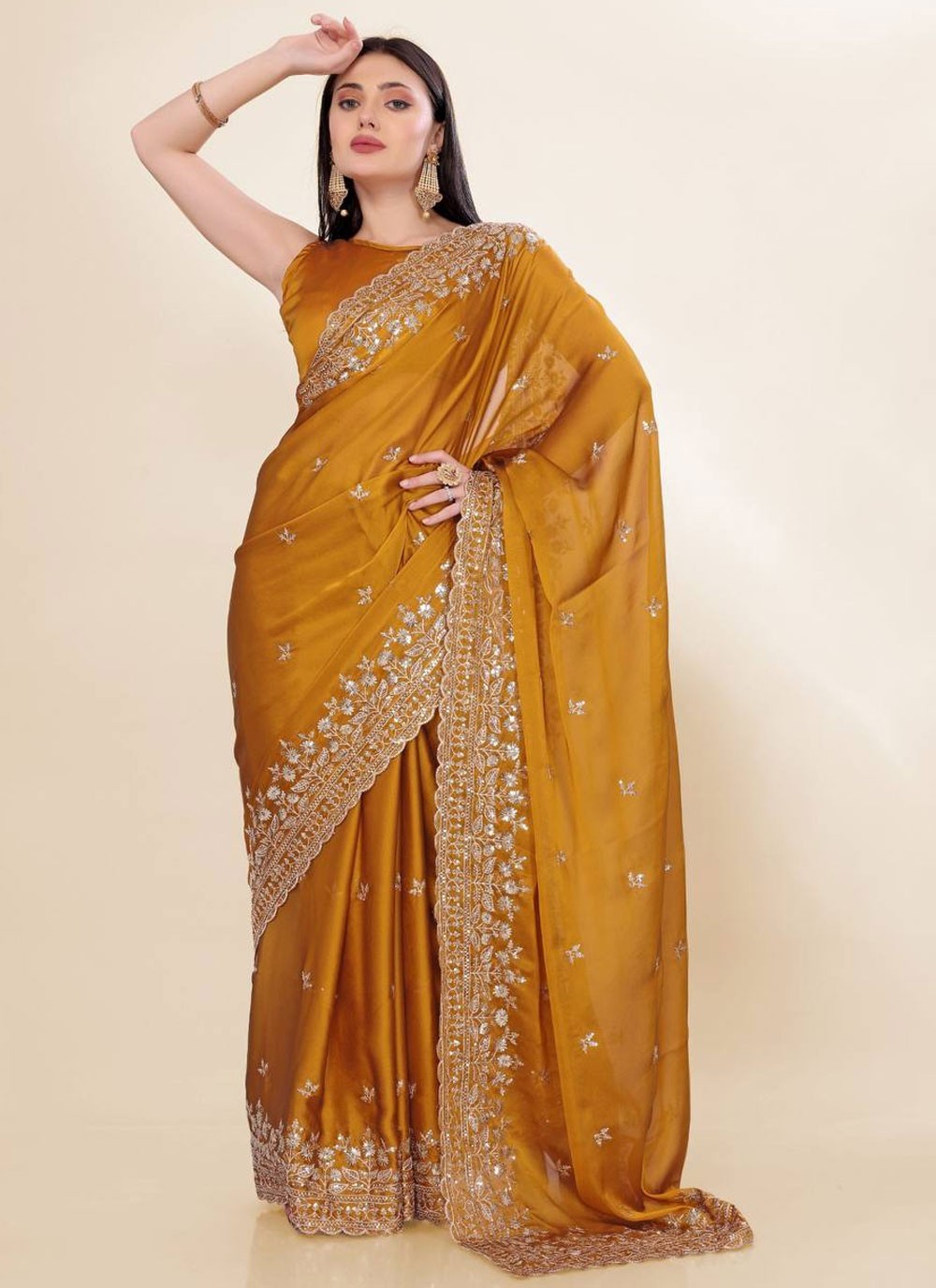 Contemporary Embroidered Mustard Chinon Saree S13672