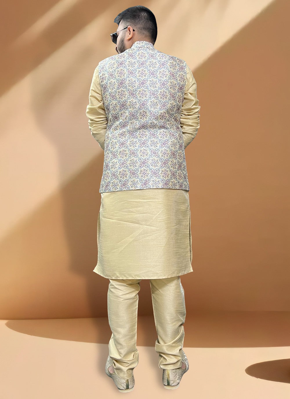 Embroidered Silk Cream, Gold Kurta Payjama With Jacket - M5398