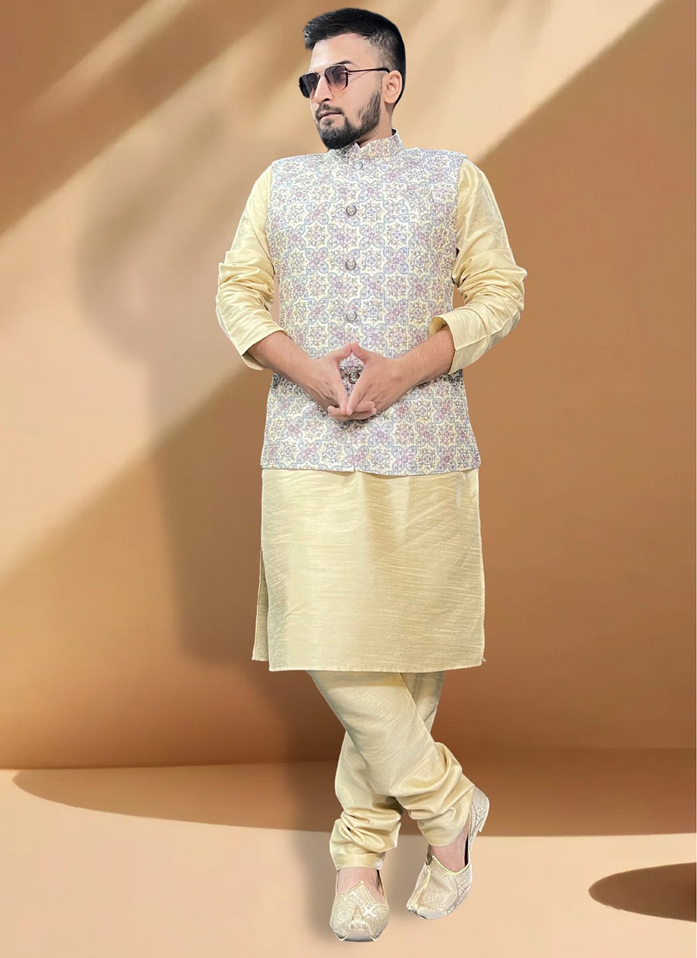 Embroidered Silk Cream, Gold Kurta Payjama With Jacket - M5398