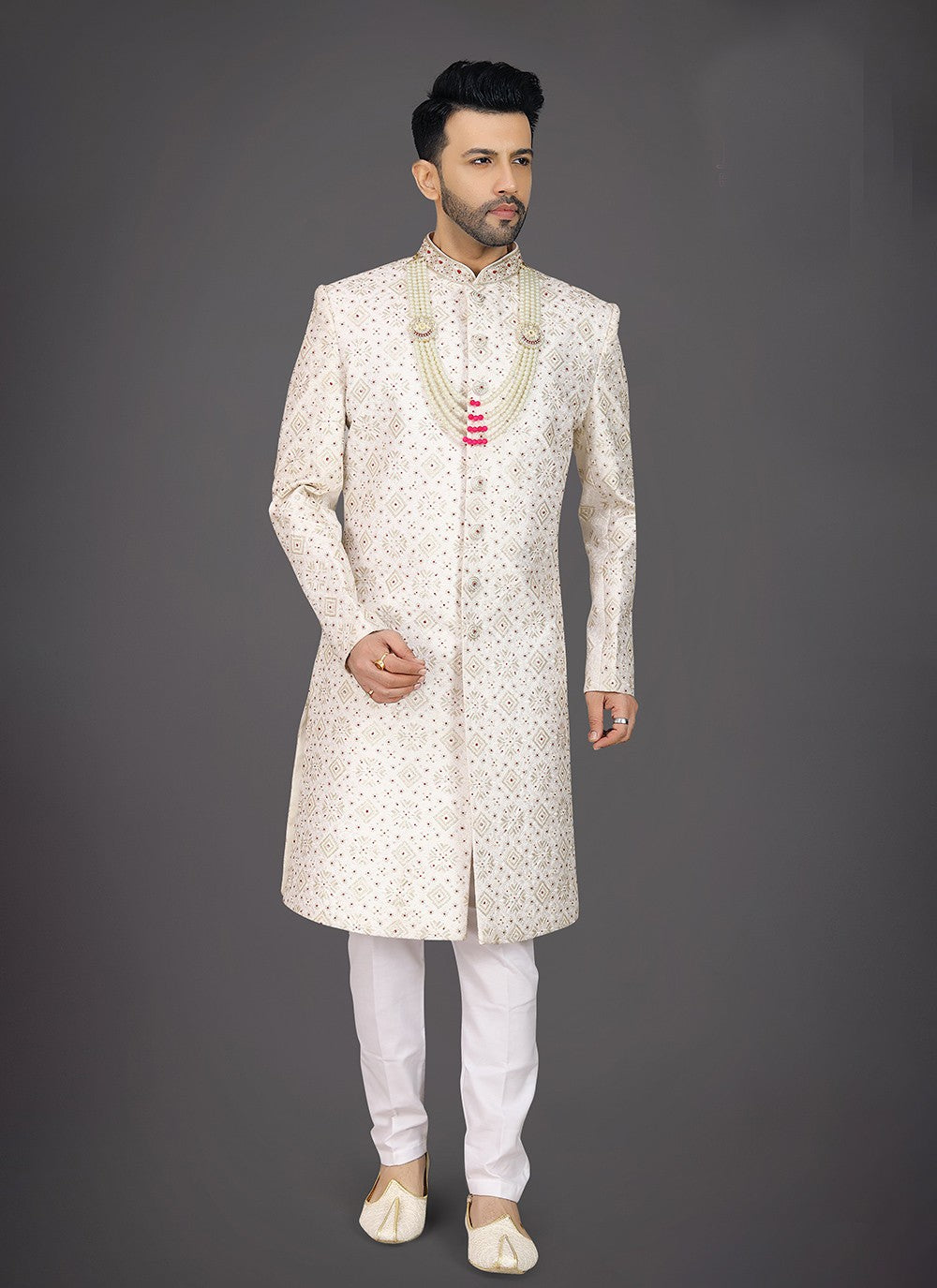 Embroidered Silk Cream Sherwani - M7978