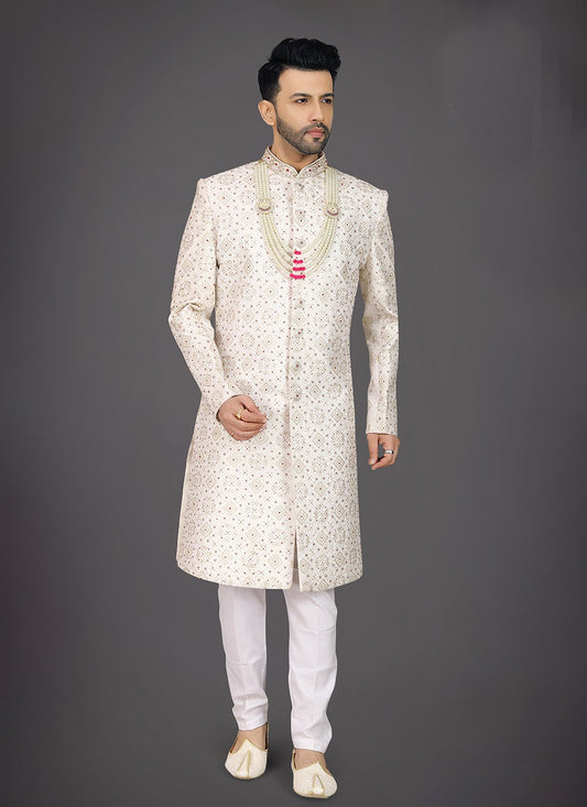 Embroidered Silk Cream Sherwani - M7978
