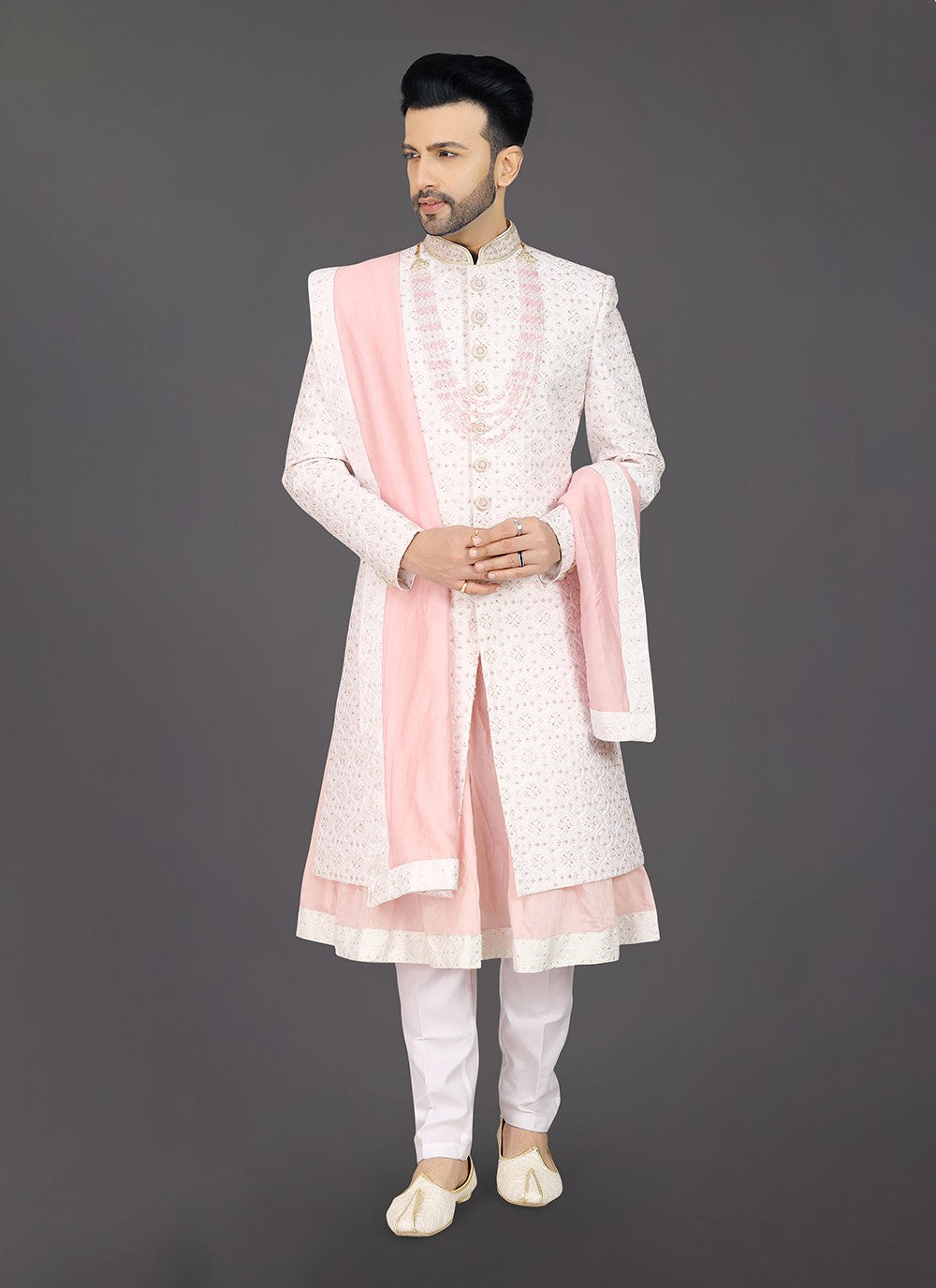 Embroidered Silk Cream Sherwani - M8011