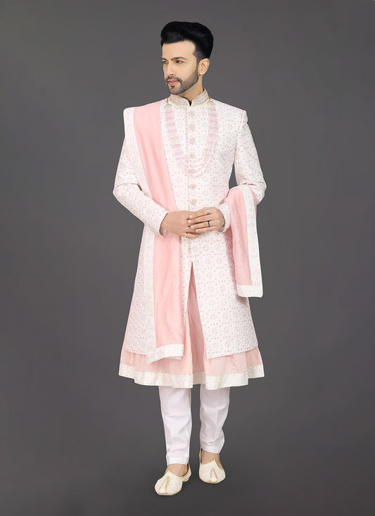 Embroidered Silk Cream Sherwani - M8011