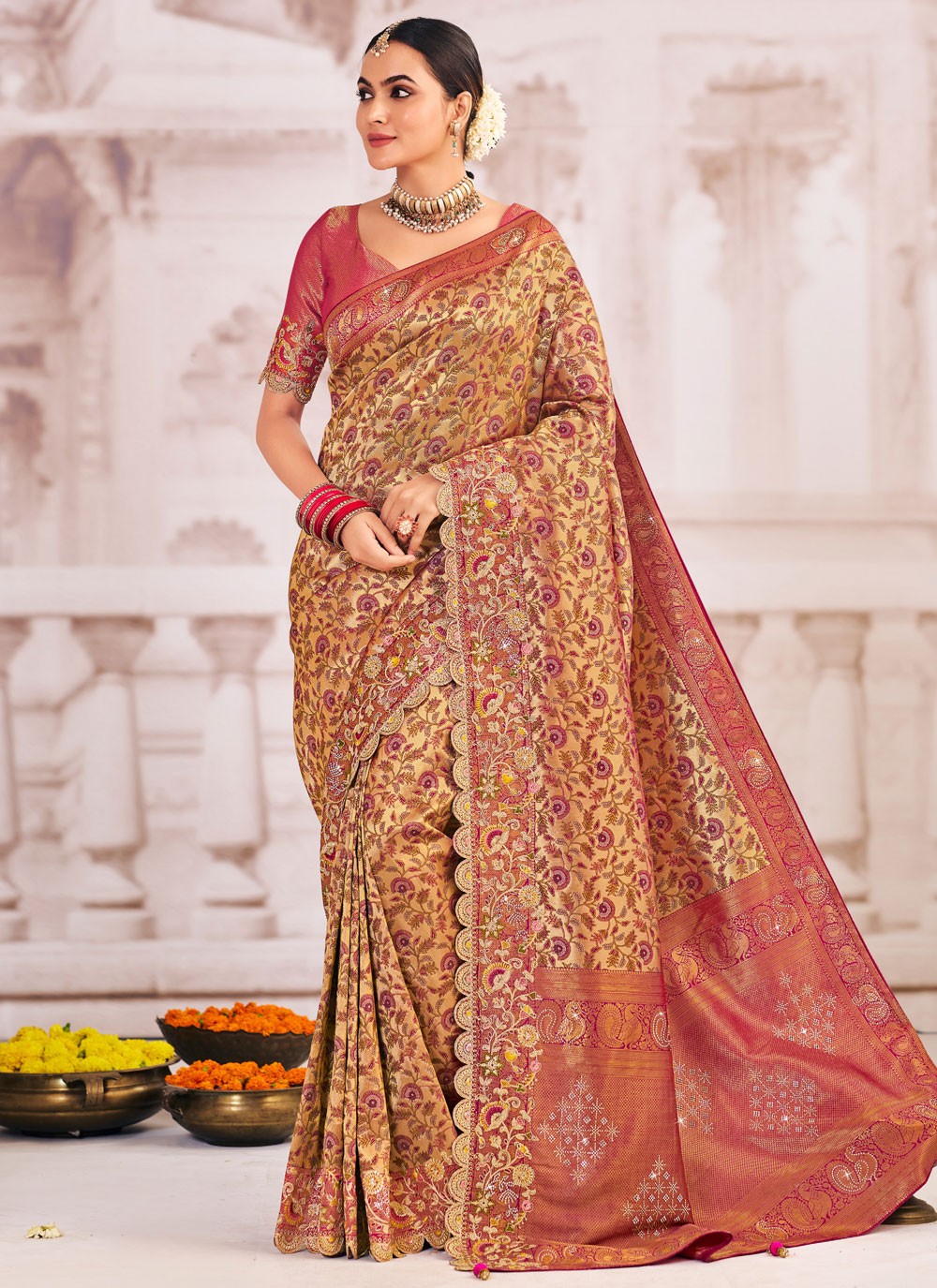 Cream Silk Classic Saree Embroidered, Patch Border S19987