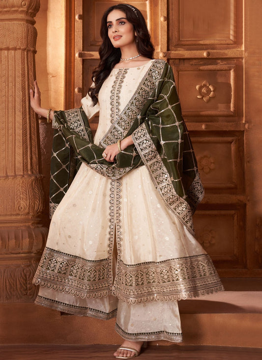 Palazzo Suit Embroidered, Sequins, Zari Cream T7604