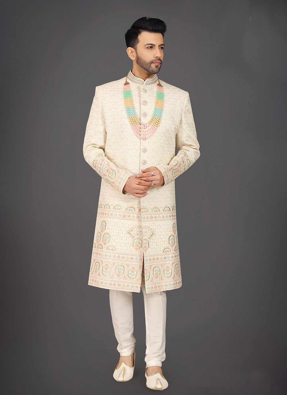 Embroidered Silk Cream Sherwani - M7979
