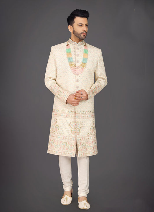 Embroidered Silk Cream Sherwani - M7979