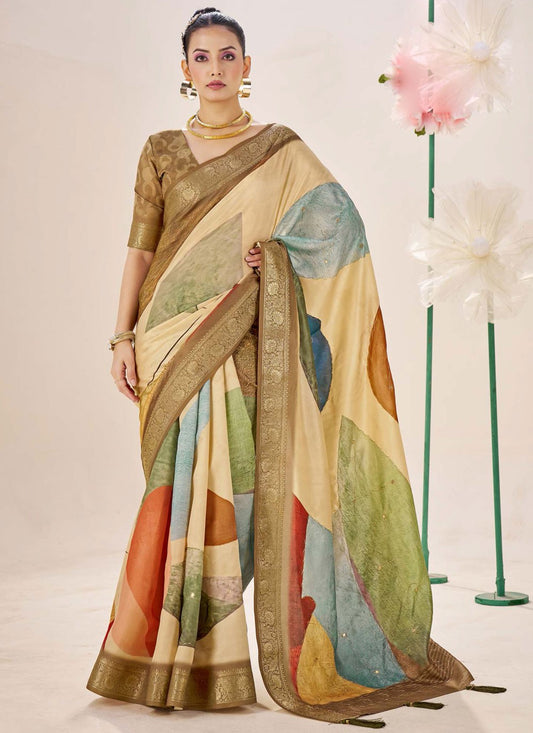 Cream Silk Trendy Saree Border Work, Fancy Work, Printed, Weaving Zari S19079