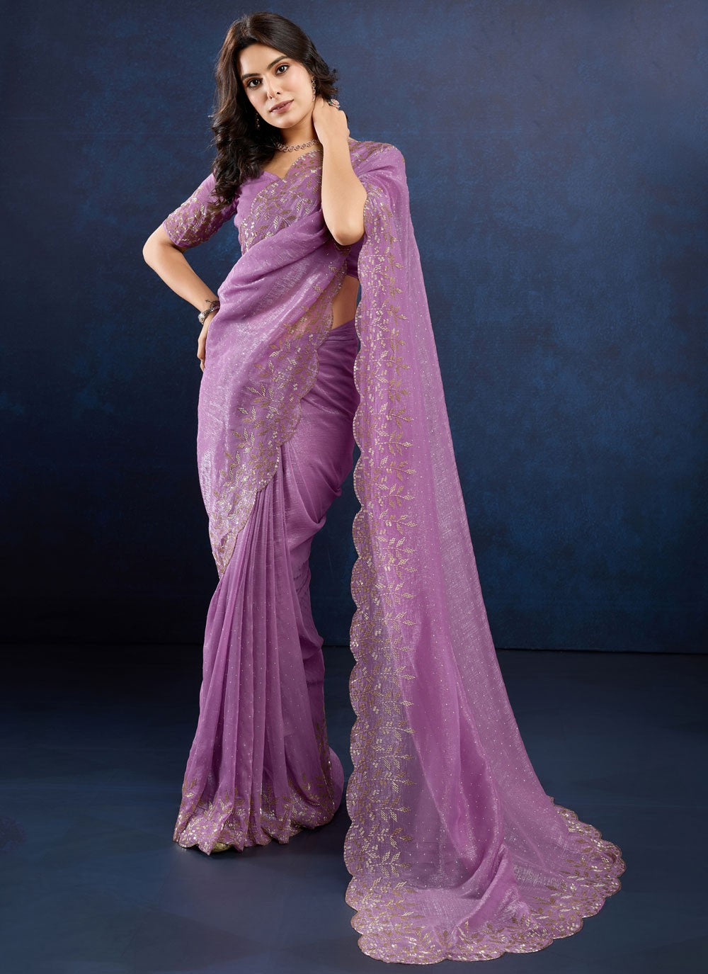 Designer Beads Lavender Silk Saree S12494