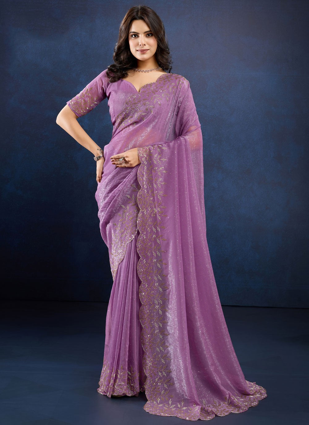 Designer Beads Lavender Silk Saree S12494