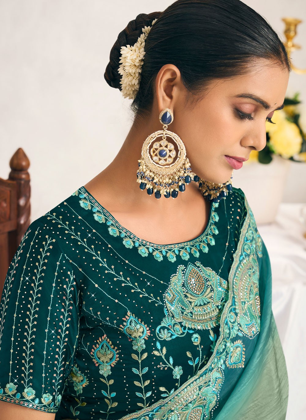Designer Cut Work Sea Green Silk S12747