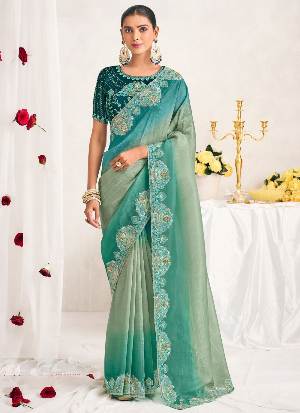 Designer Cut Work Sea Green Silk S12747