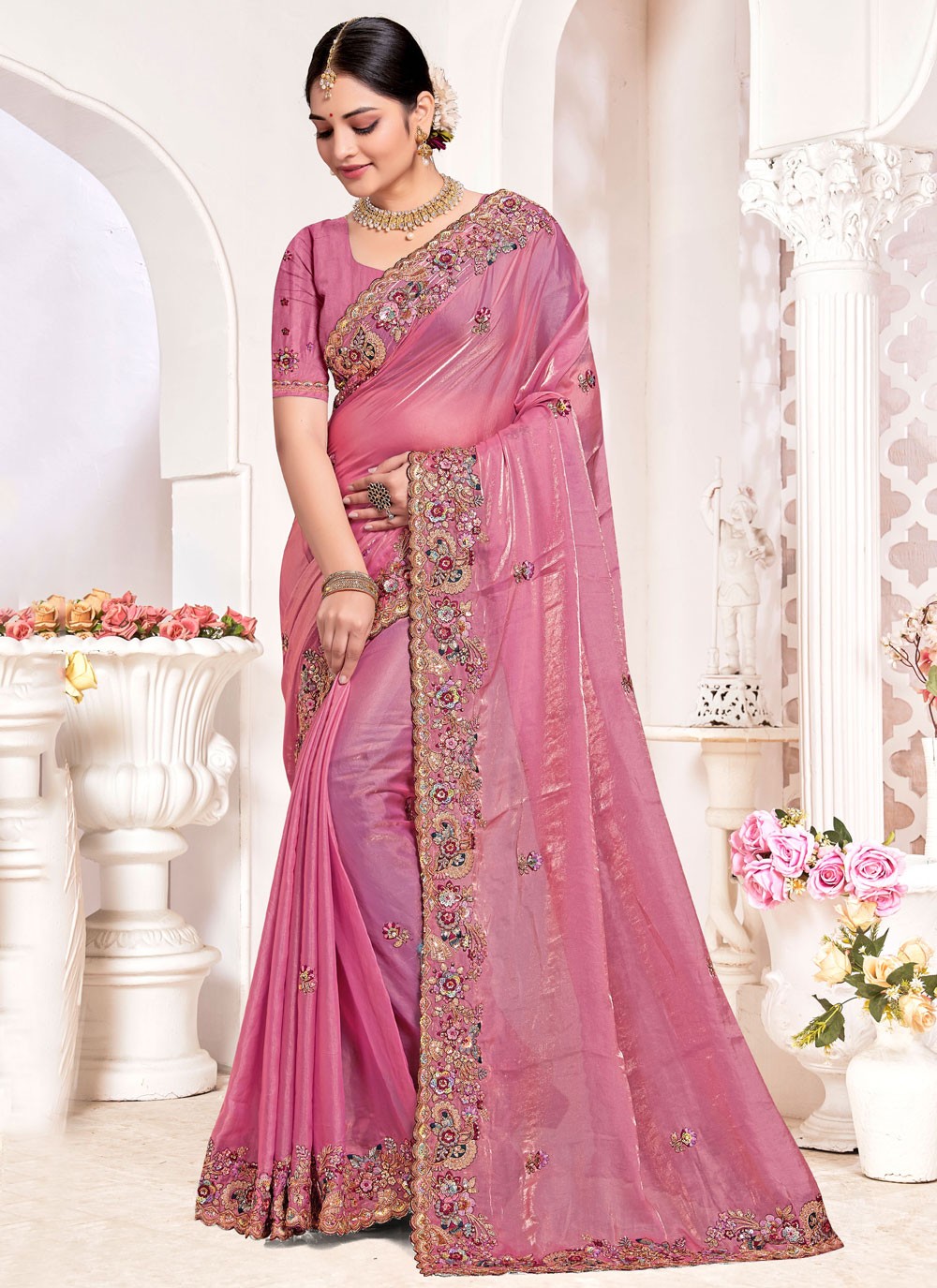 Contemporary Beads Hot Pink Silk Saree S13075