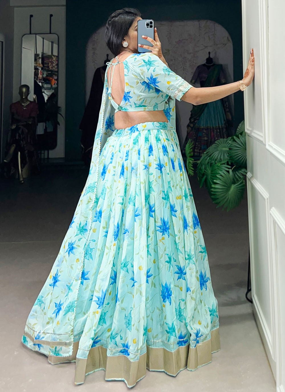 Floral Printed Silk Aqua Blue Lehenga - L3415