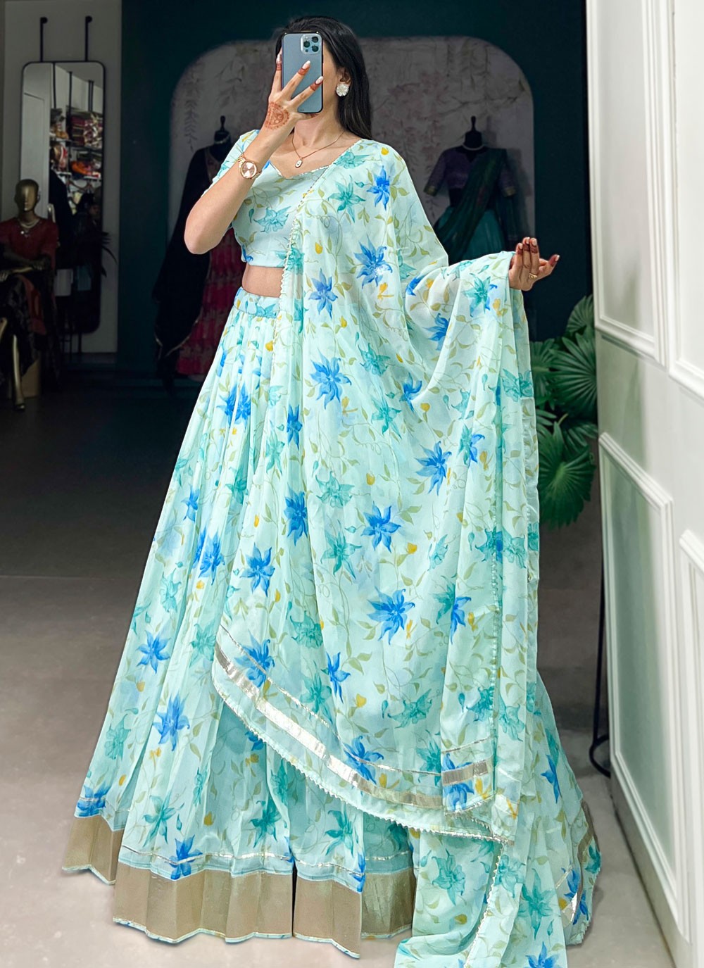 Floral Printed Silk Aqua Blue Lehenga - L3415