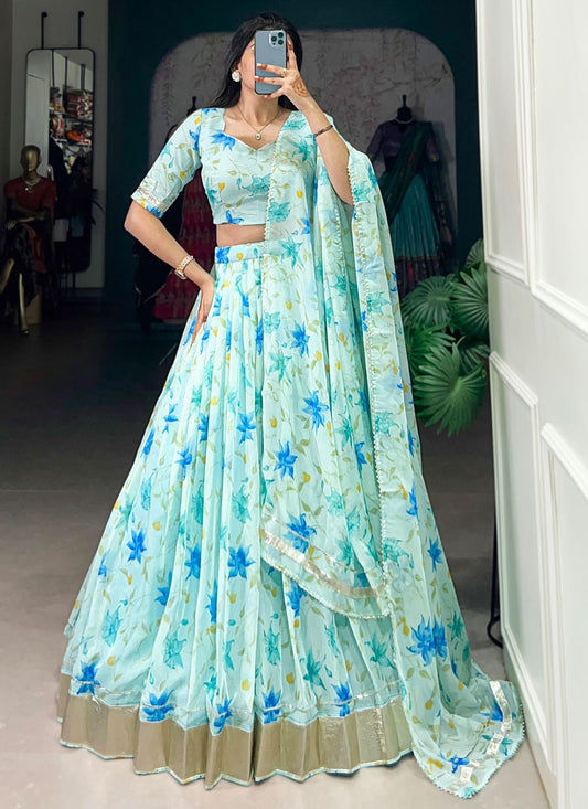 Floral Printed Silk Aqua Blue Lehenga - L3415