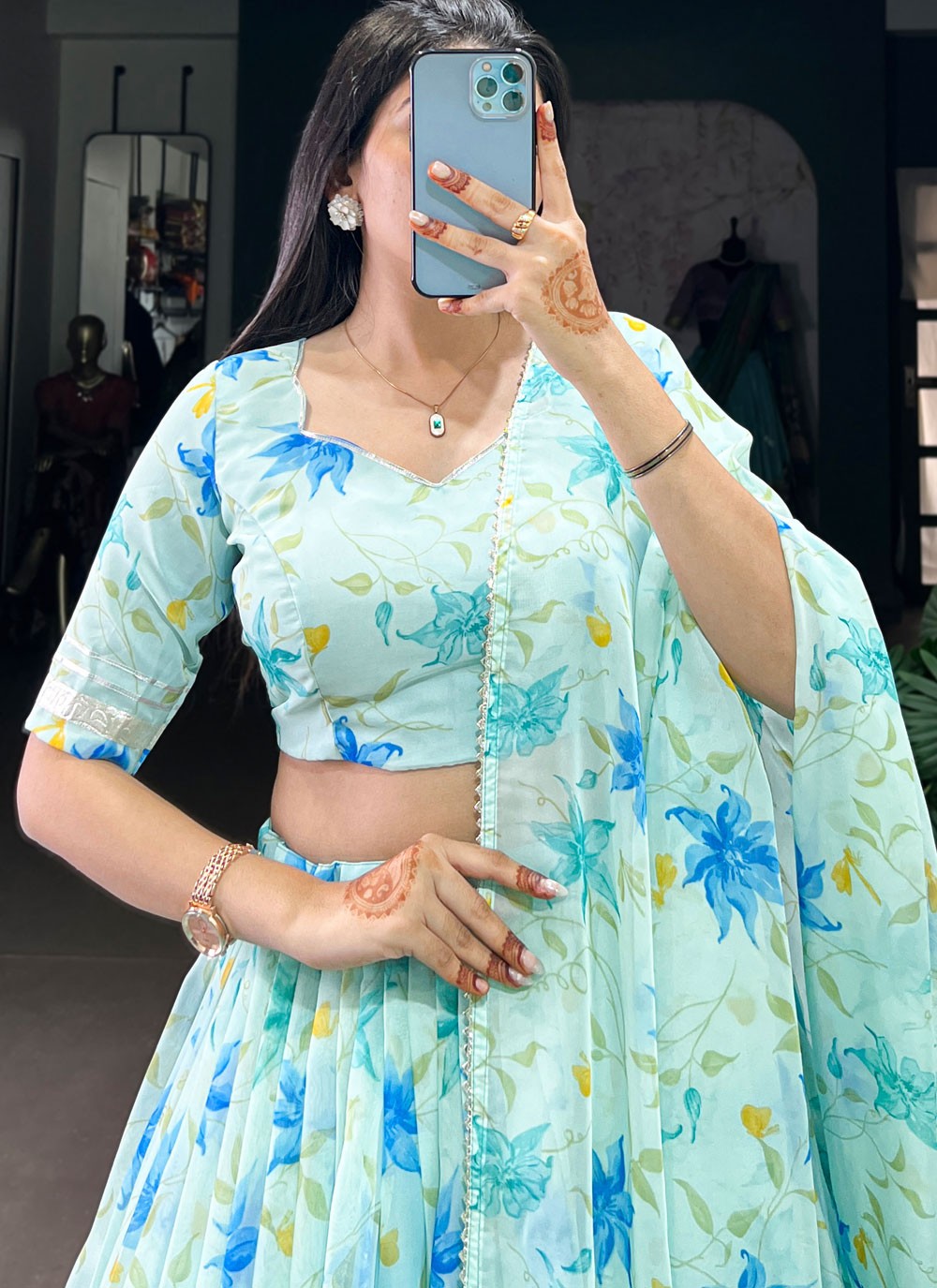 Floral Printed Silk Aqua Blue Lehenga - L3415