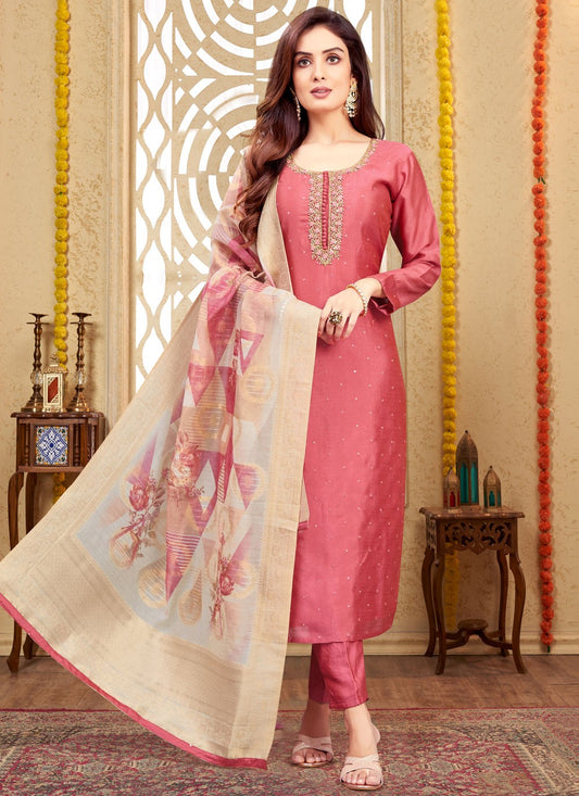 Pant Style Suit Embroidered, Zari Pink T8085