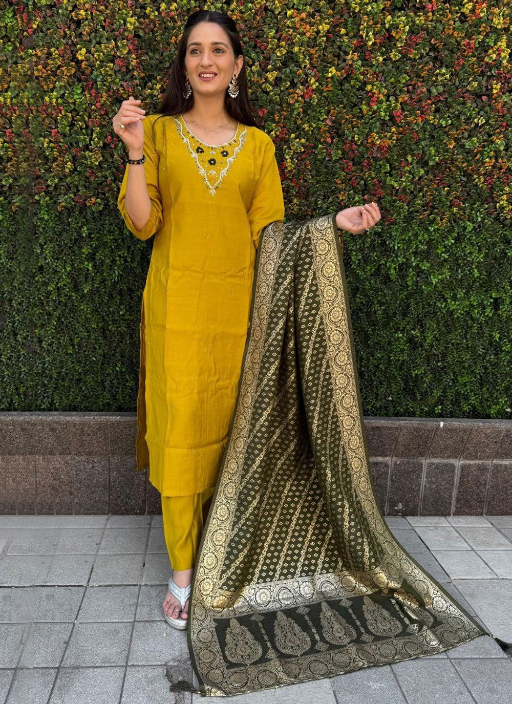 Salwar Suit Embroidered Yellow Silk T5086
