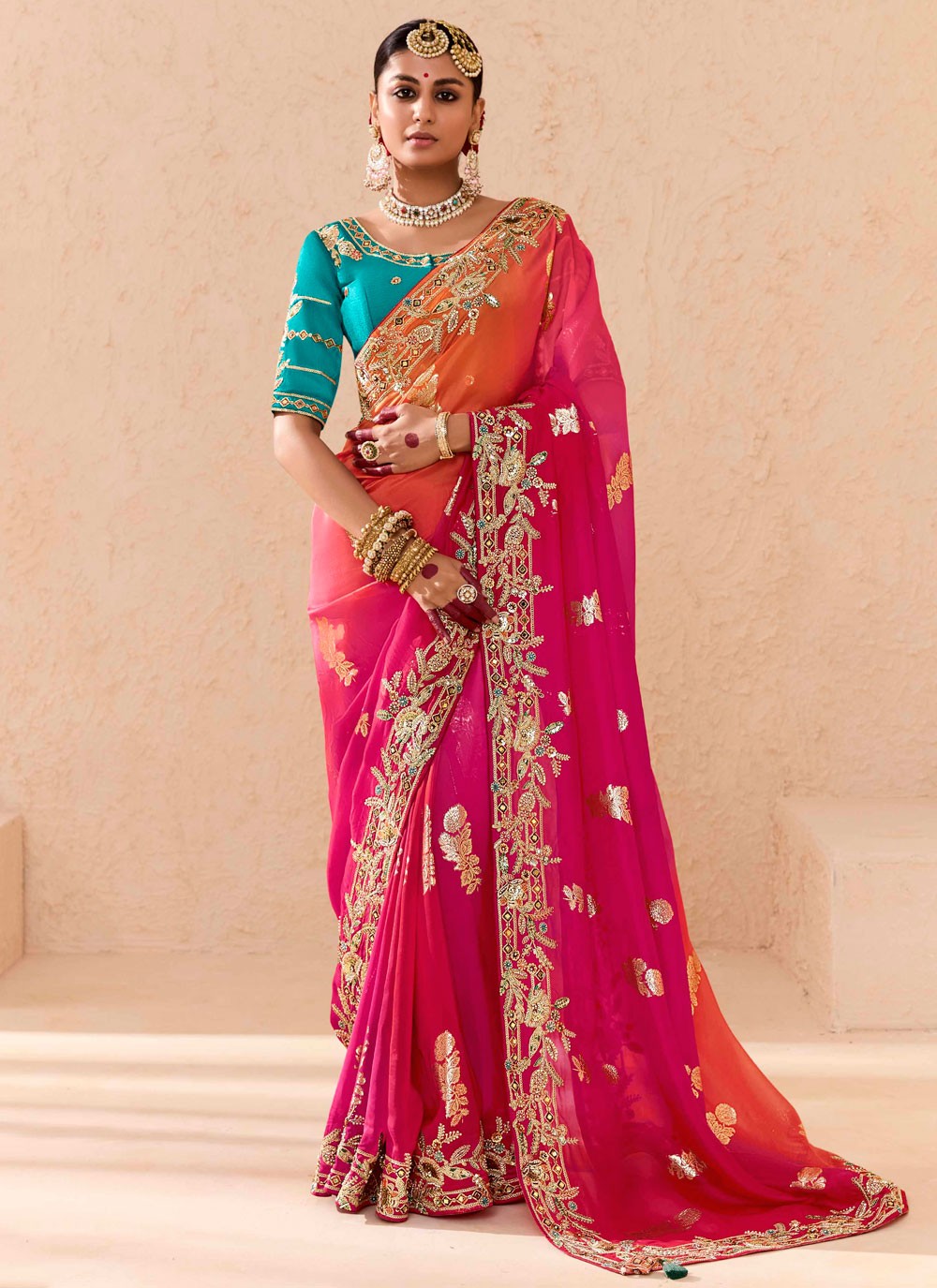 Designer Embroidered Hot Pink Silk Saree S13660