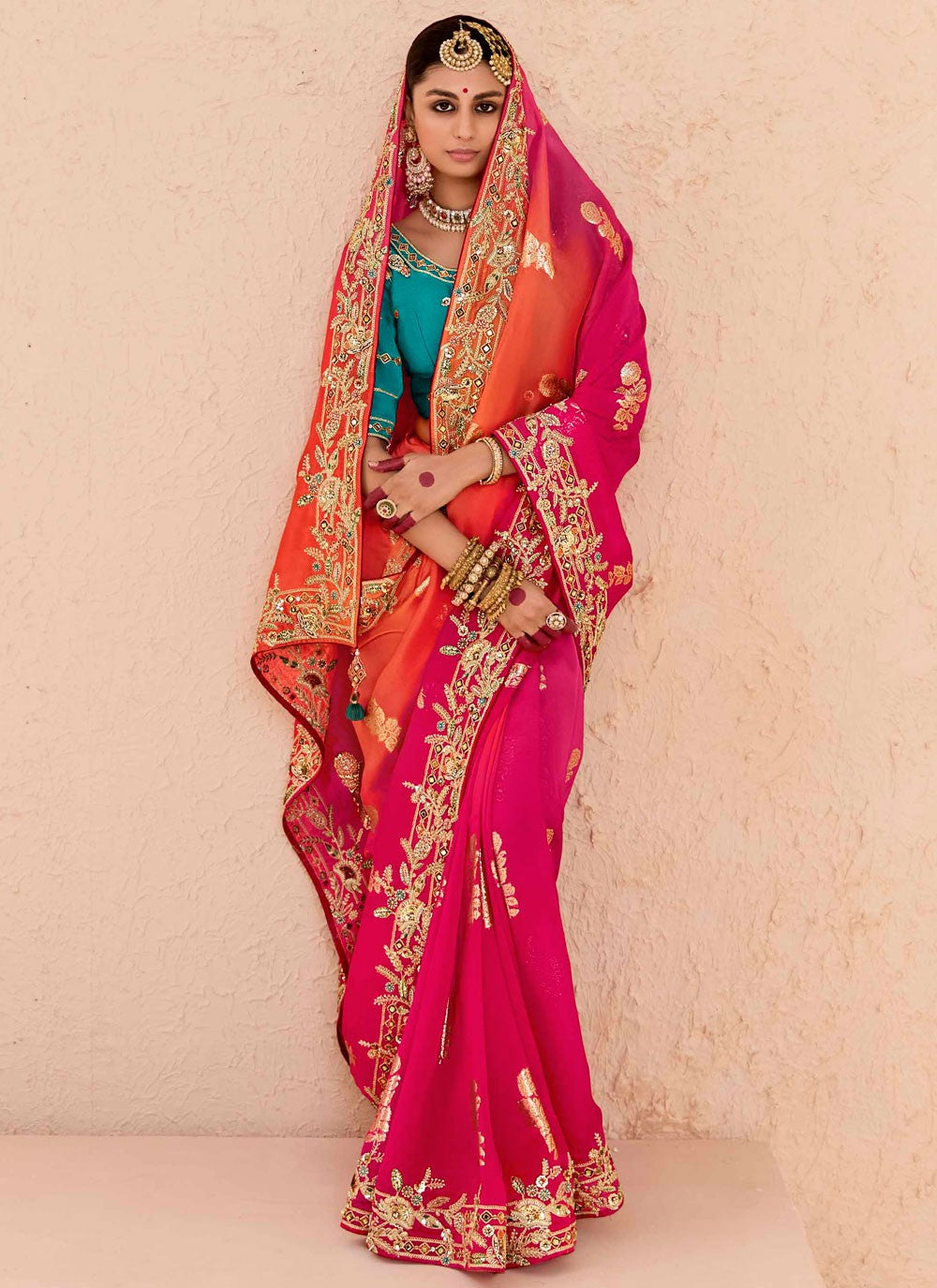 Designer Embroidered Hot Pink Silk Saree S13660