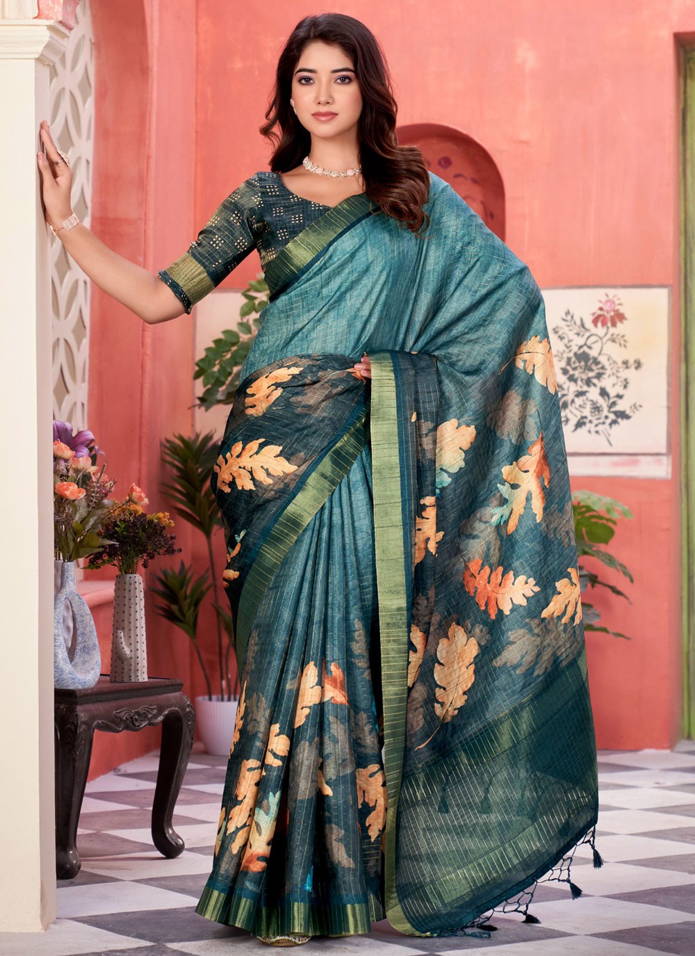 Checks Silk Morpeach Designer Saree S15630
