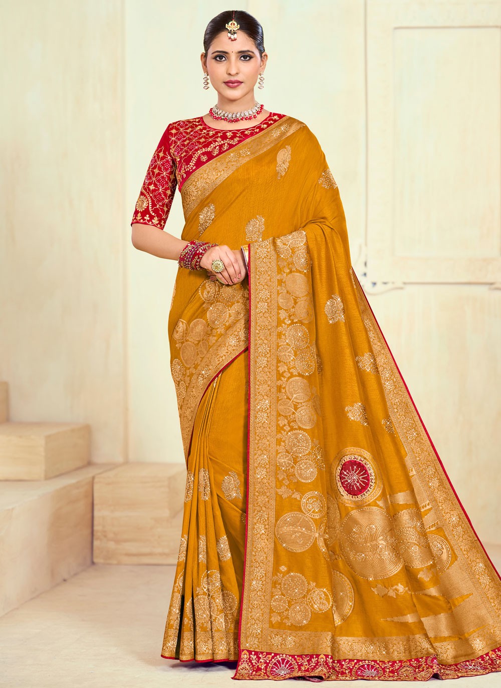 Designer Paisley Printed Mustard Silk S12656