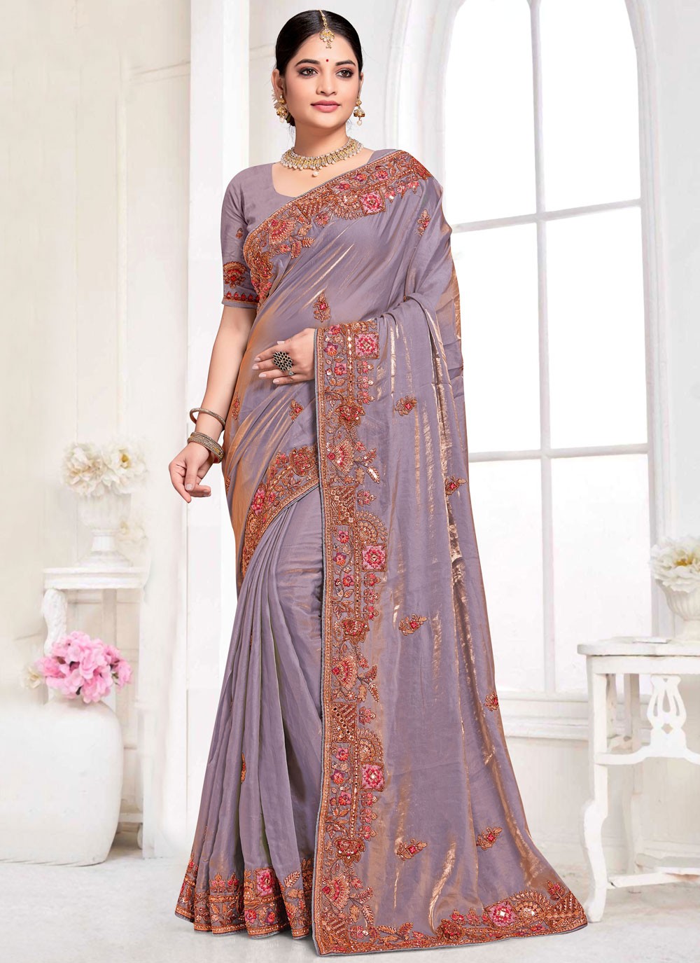 Traditional Beads Violet Silk Saree S13084