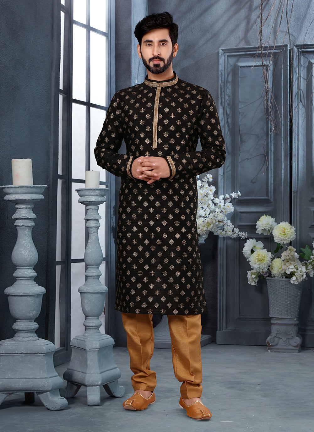 Digital Print Silk Black Kurta - M5637