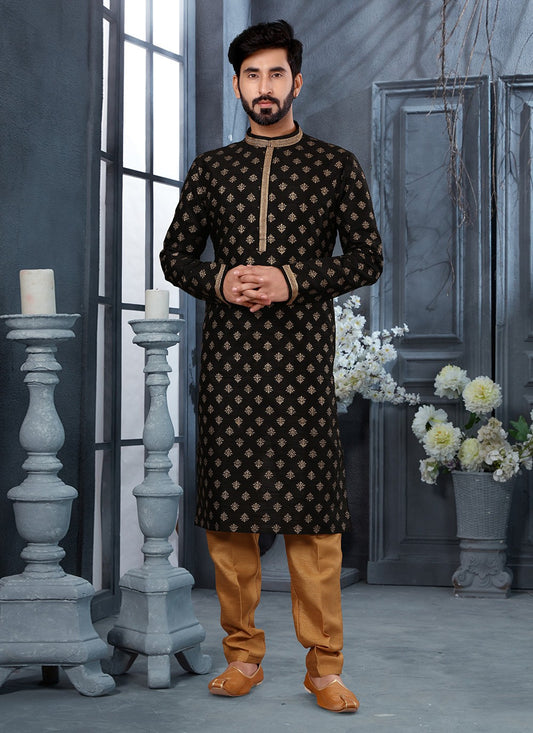 Digital Print Silk Black Kurta - M5637