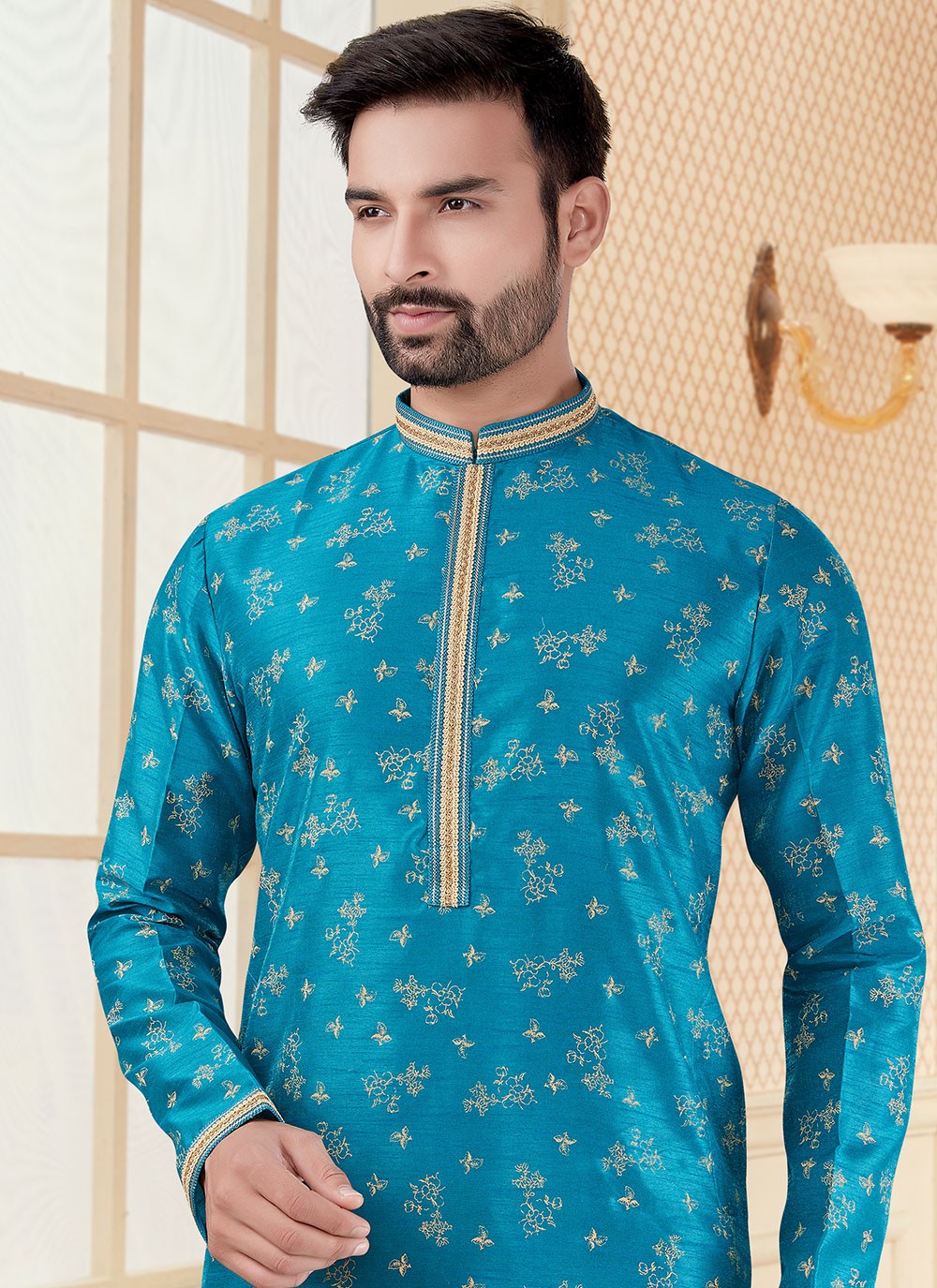 Digital Print Silk Firozi Kurta - M5610