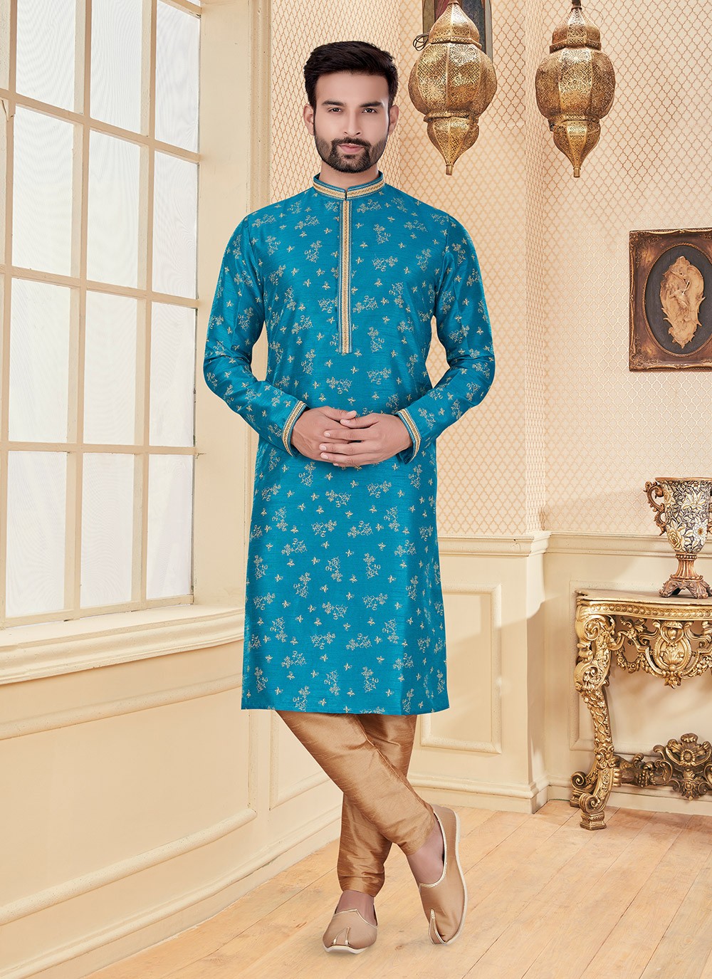 Digital Print Silk Firozi Kurta - M5610