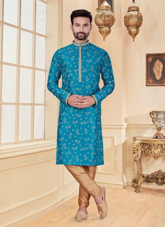 Digital Print Silk Firozi Kurta - M5610