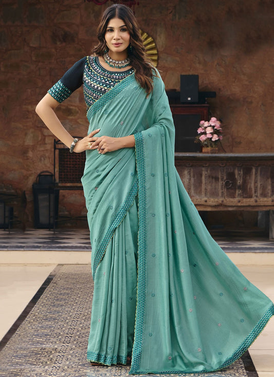 Aqua Blue Silk Contemporary Saree Embroidered S20221