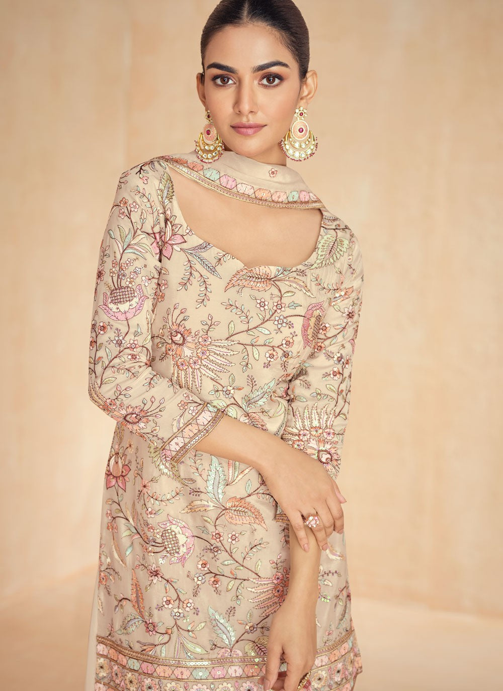 Embroidered Chinon Beige Palazzo Suit T6580