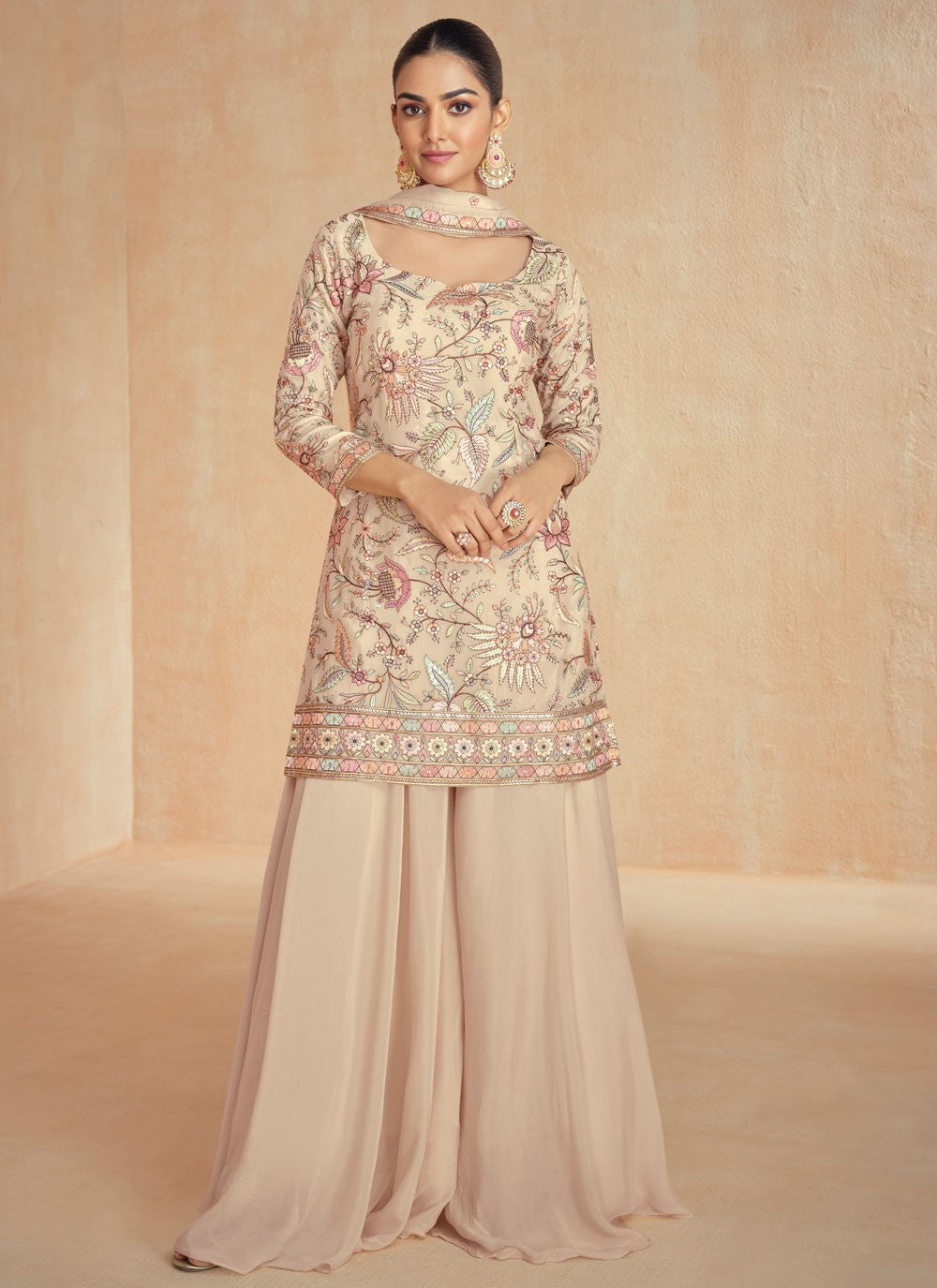 Embroidered Chinon Beige Palazzo Suit T6580