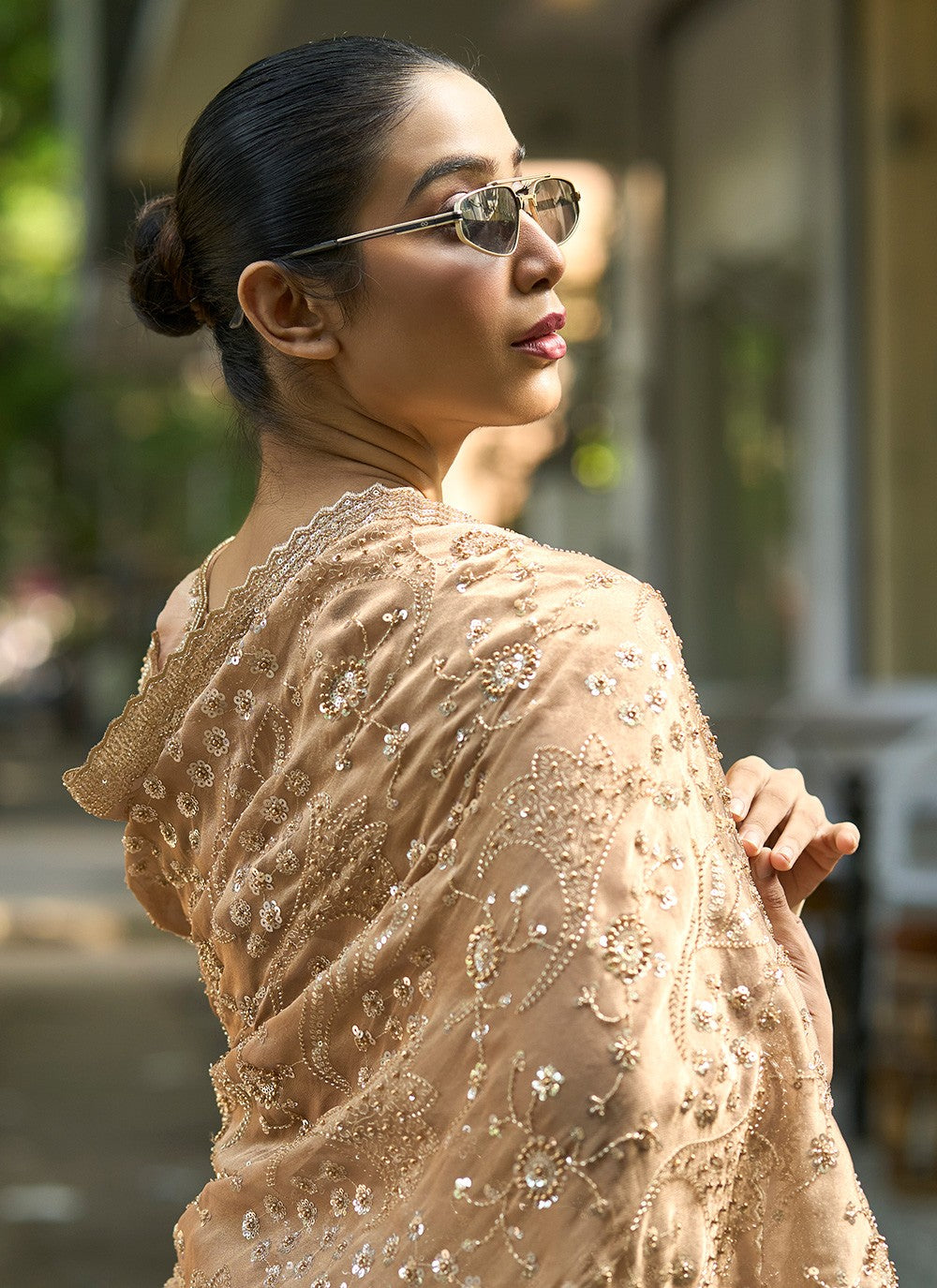 Beige Silk Trendy Saree Embroidered, Sequins S20142