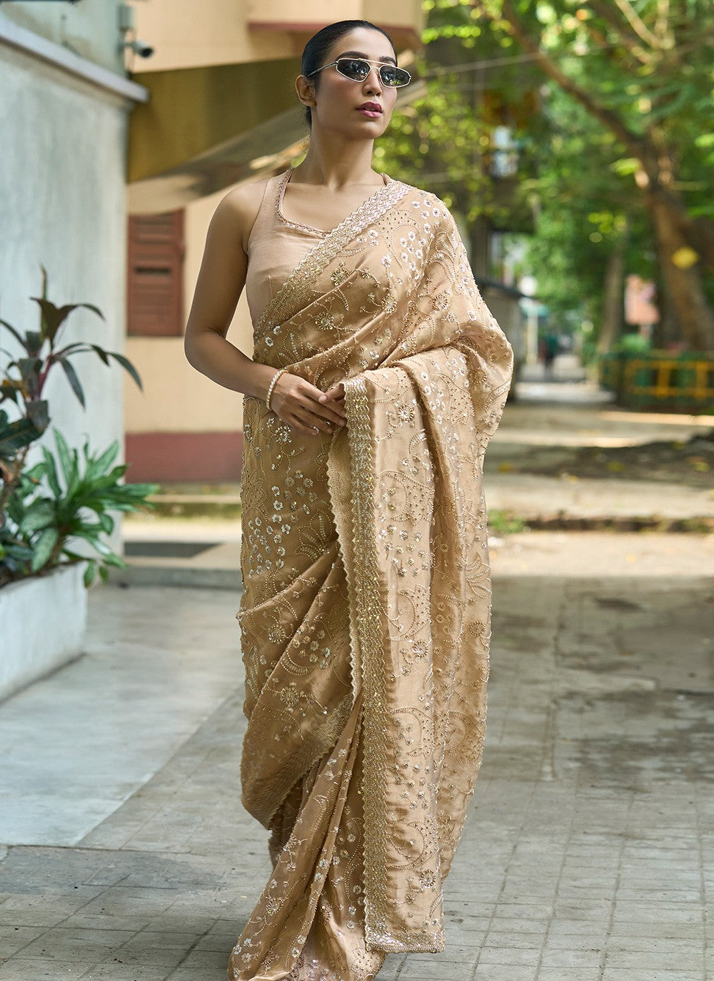 Beige Silk Trendy Saree Embroidered, Sequins S20142